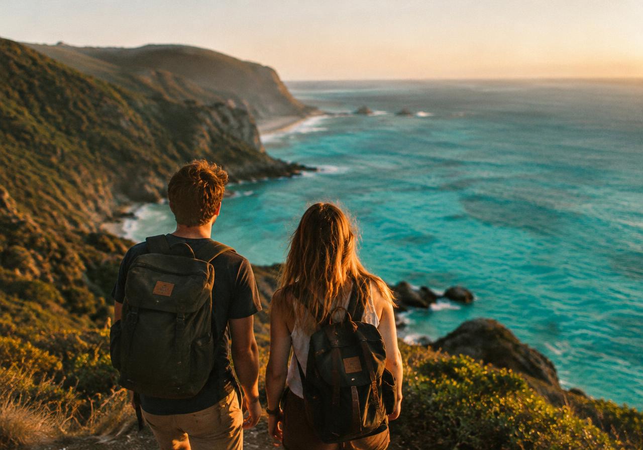 Sample image: two travellers looking out over a turquoise coastline