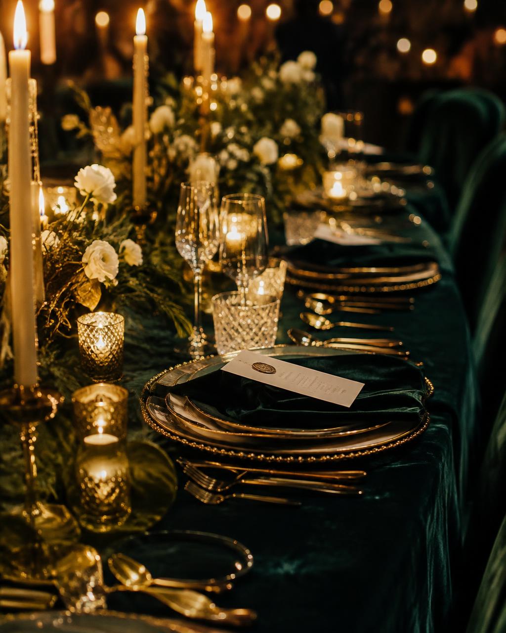 Sample image: candlelit dinner table in emerald and gold
