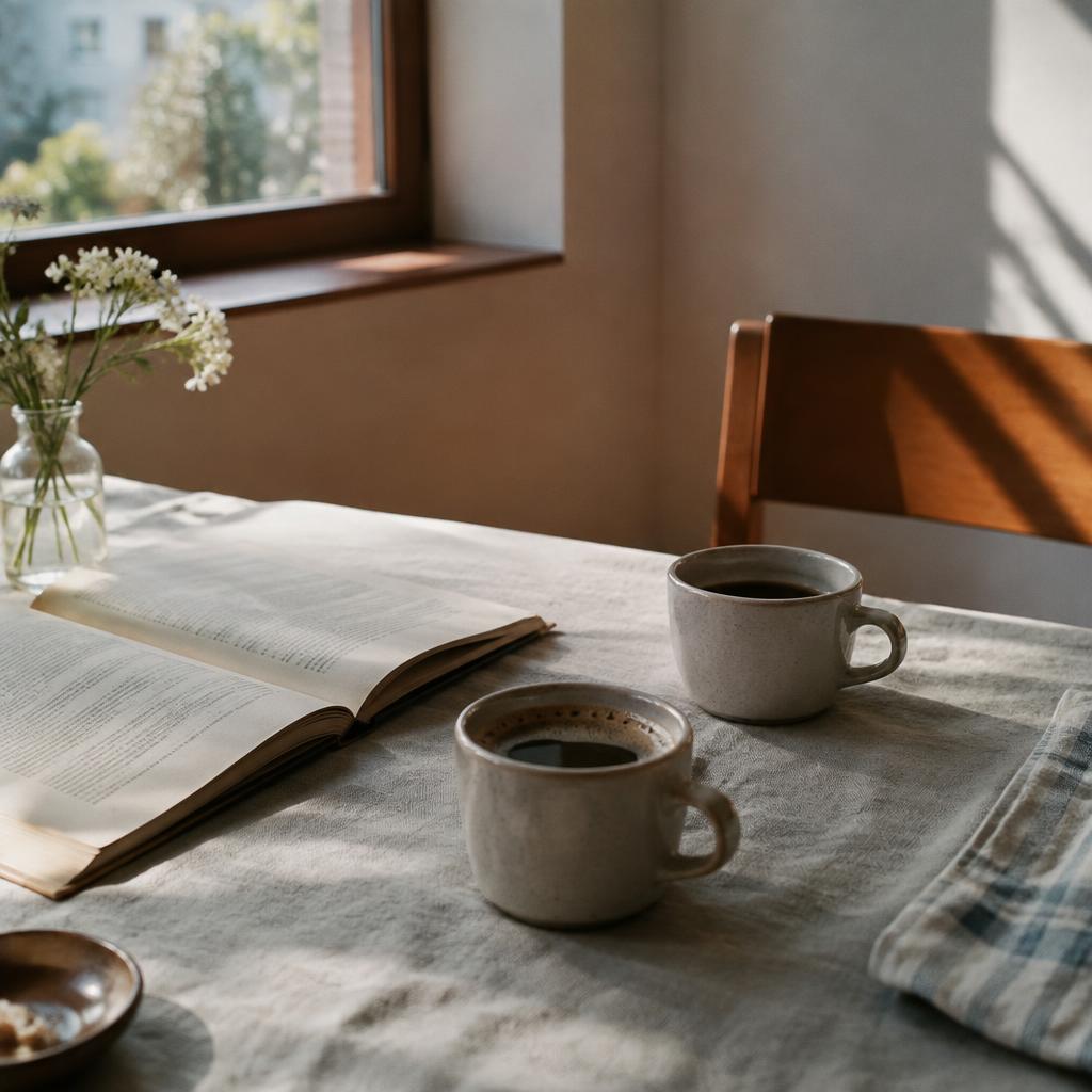 Sample image: two coffee cups beside an open book in morning light