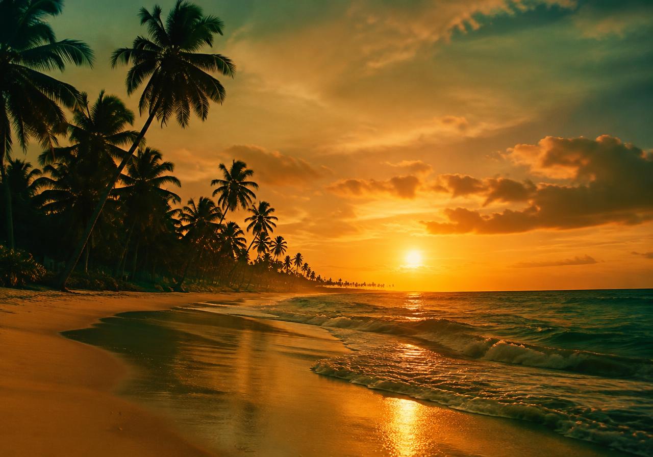 Sample image: palm-lined beach at sunset